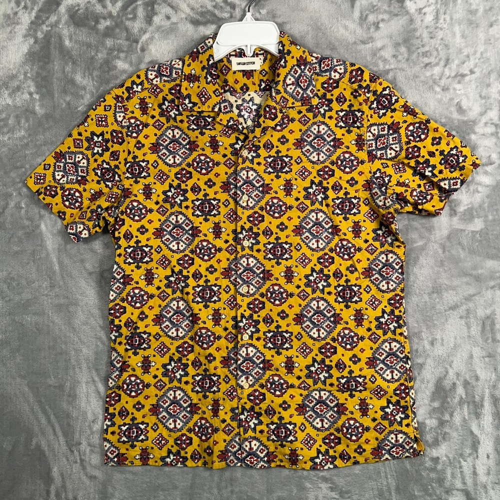Taylor Stitch Short Sleeve Davis Shirt Mens 40 Medium Yellow Linen Gold Printed